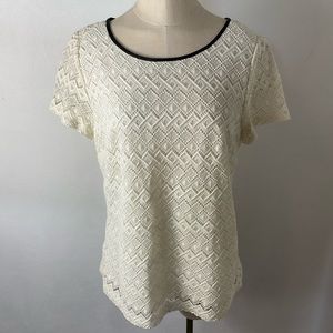 Talbots Crocheted Cotton Lyocell Lace Faux Leather Trim Top Sz 12